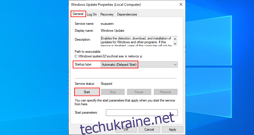 Windows 10 показує, як змінити властивості служби Windows Update