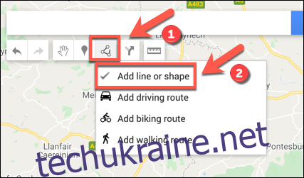Натисніть Draw a Line > Add Line or Shape, щоб почати додавати лінію або фігуру на вашу користувацьку карту Google Maps” width=”427″ height=”251″ onload=”pagespeed.lazyLoadImages.loadIfVisibleAndMaybeBeacon(this);” onerror=”this.onerror=null;pagespeed.lazyLoadImages.loadIfVisibleAndMaybeBeacon(this);”></p>
<p>У відповідній області на карті намалюйте лінію за допомогою миші або трекпада — використовуйте кілька ліній, щоб створити з’єднана форма.</p>
<p><img loading=