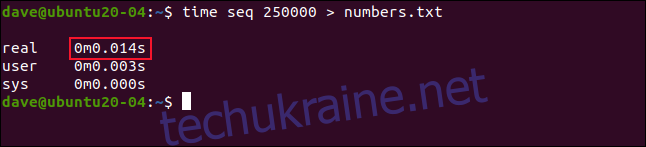 time seq 250000 > numbers.txt у вікні терміналу.»  width=”646″ height=”147″ onload=”pagespeed.lazyLoadImages.loadIfVisibleAndMaybeBeacon(this);”  onerror=”this.onerror=null;pagespeed.lazyLoadImages.loadIfVisibleAndMaybeBeacon(this);”></p>
<div style=