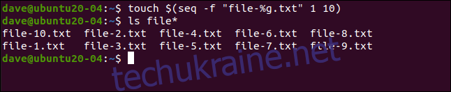 Ми створимо набір із 10 файлів з однаковою базовою назвою та іншим номером (file-1.txt, file-2.txt тощо).  Набираємо наступне: 
