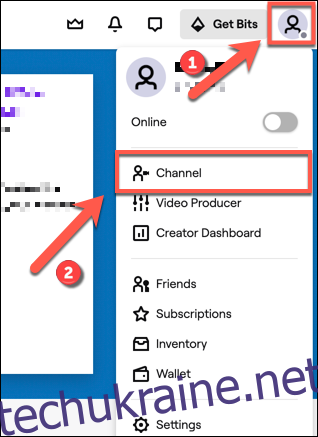 Щоб отримати доступ до свого каналу Twitch, торкніться значка каналу у верхньому правому куті.  У спадному меню натисніть значок 